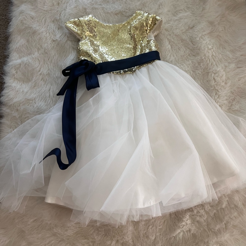 Dress Lane size 7 girls, sequin gold top dress tulle skirt navy belt formal 0394